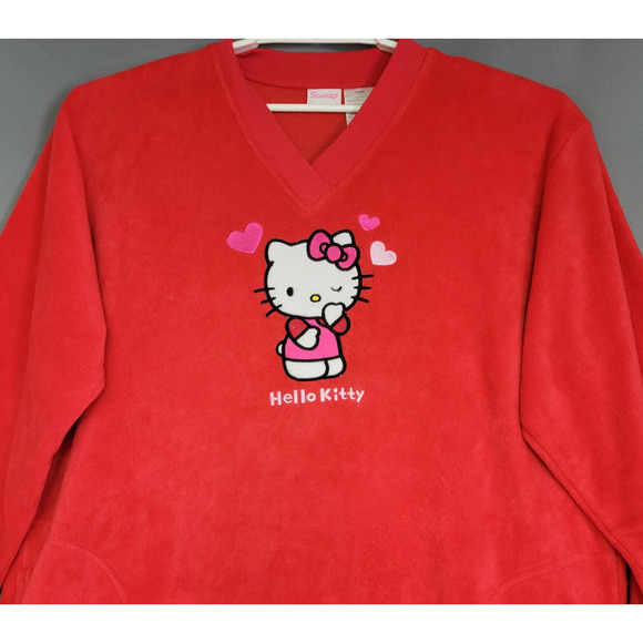 Hello Kitty Fleece Nightgown Adult Womens Medium Red Embroidered Pockets Saniro - Picture 7 of 14